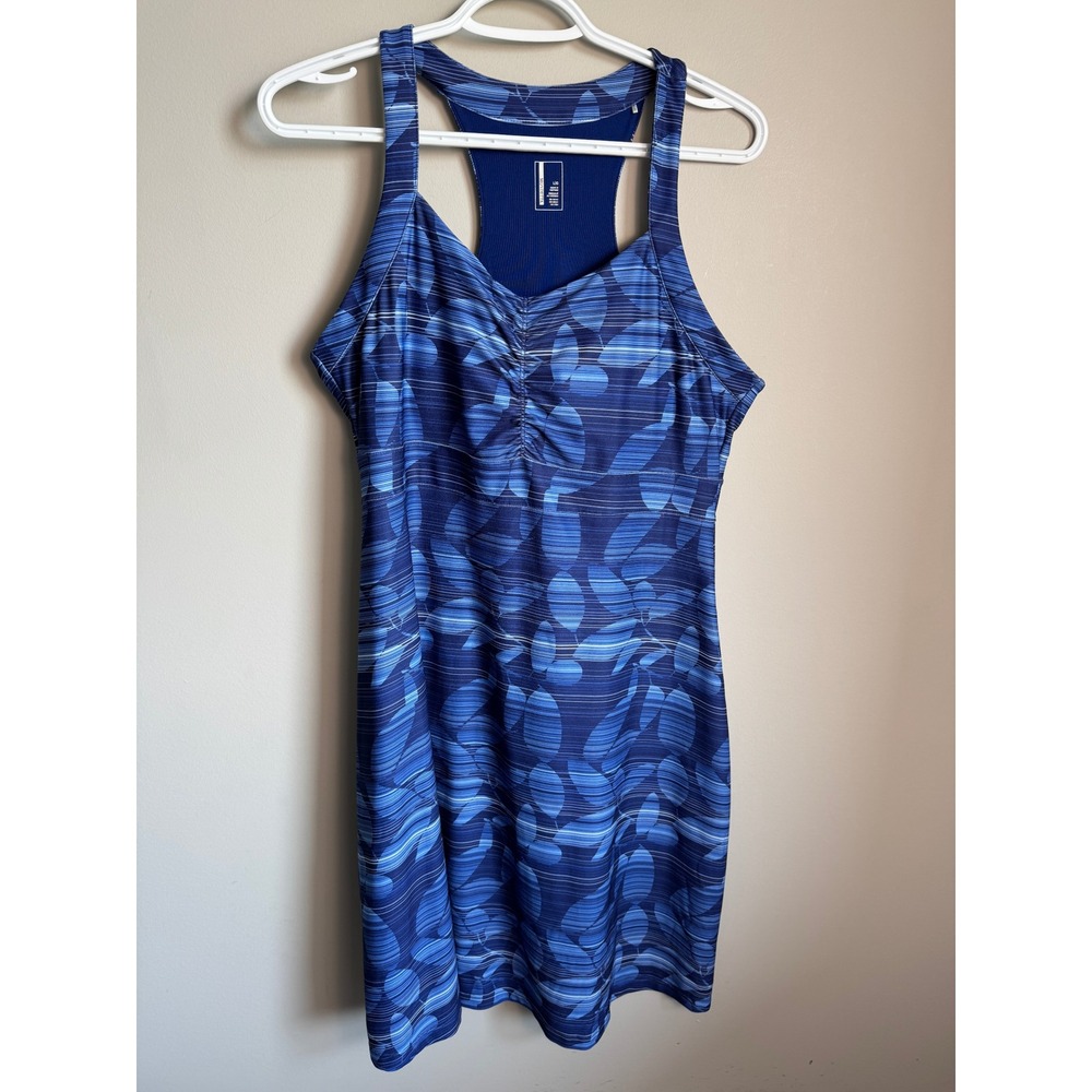 Mondetta Womens Blue Abstract Leaf Athleisure Dress Large Sporty Racerback L